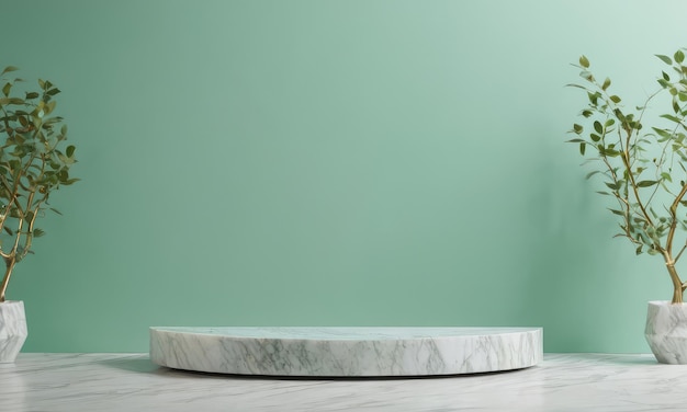 White marble slab stand with green wall background and branch decorations Product stand and podium for display