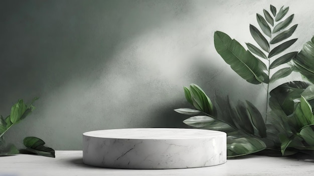 White marble stand placed table minimalist round podium mockup for product blank wall background