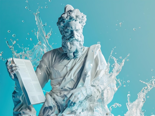 Photo a white marble statue of a classical god holding a scroll surrounded by a splash of water against a blue background