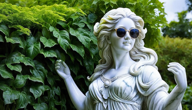 White marble statue of a female figure with long hair wearing sunglasses ancient style Greek