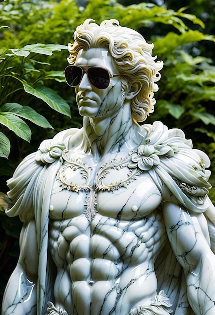 White marble statue of male apollo figure wearing sunglasses ancient style greek or roman art