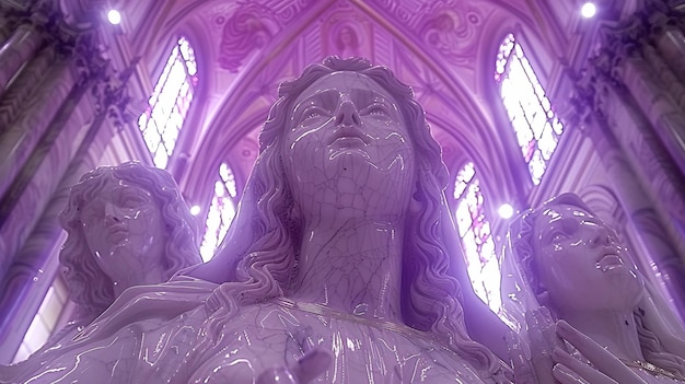 White marble statues in a purple lit church setting