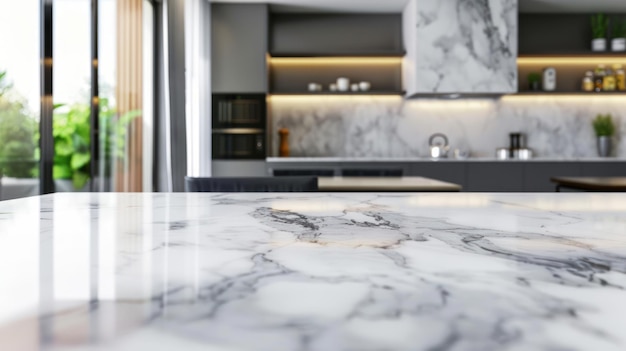 White marble stone countertop on blur kitchen interior background Generative AI