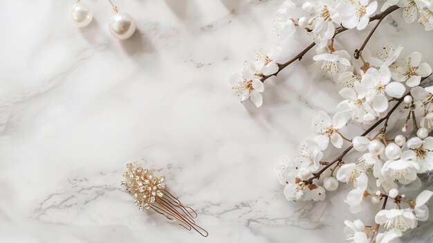 Photo a white marble table with a bunch of flowers and a white background