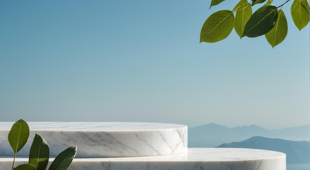 a white marble table with a green plant in the corner