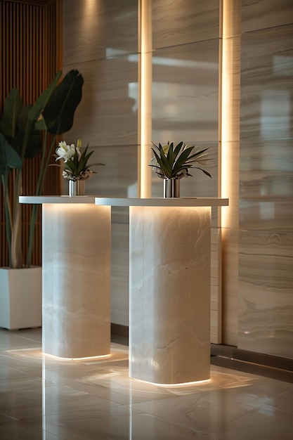 a white marble table with three plants on it