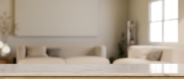 White marble tabletop with copy space over blurred comfortable living room in the background