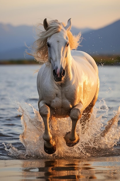 White mare or white horse running through the water Vertical shot