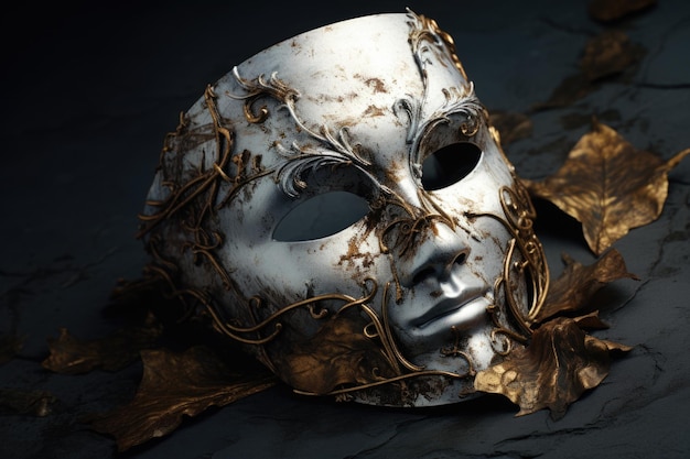 A white mask is sitting on top of a pile of leaves This image can be used for various themes and concepts