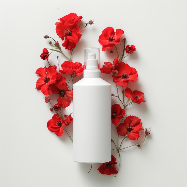 A white matte bottle for cosmetics or perfumes and red flowers isolated on a white background