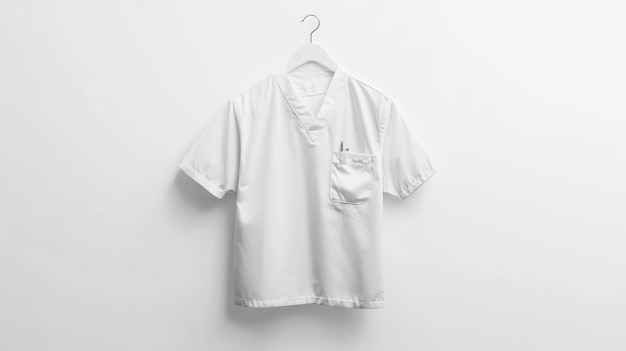 Photo white medical scrub shirt hanging on a hook in a clinical environment