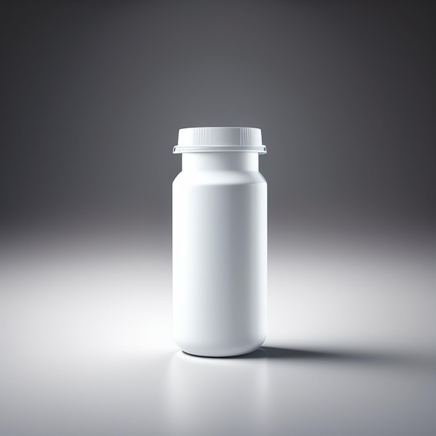 A white medicine bottle with a white lid on it.