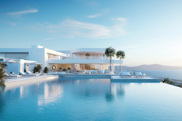 White Mediterranean Modern and luxury Hotel lounge building architecture design Generative Ai