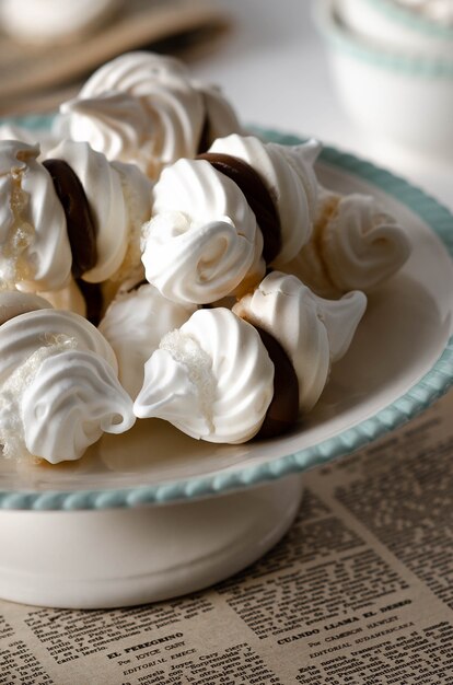 White meringue cookies with dulce de leche on a cake stand