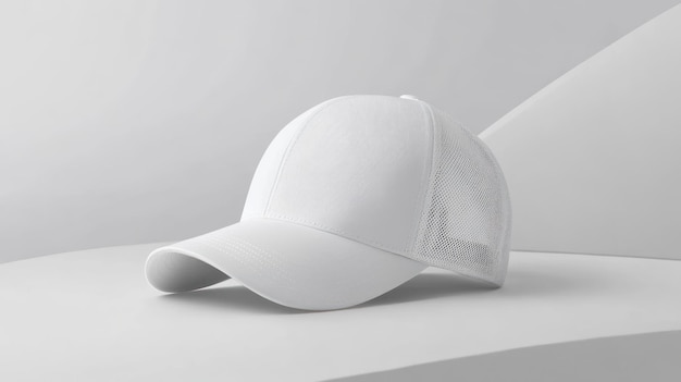 Photo white mesh back baseball cap on a white platform