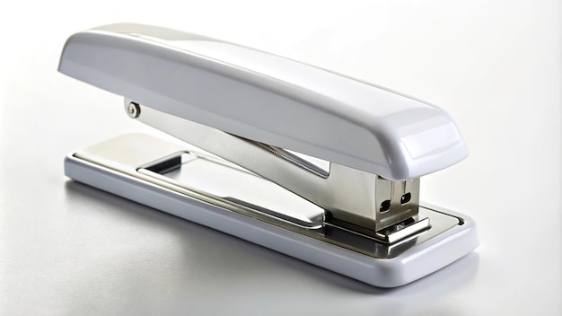 Photo white and metal stapler tilted at an angle on white background