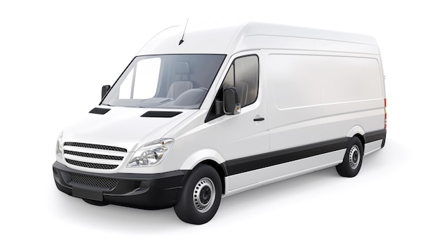 White midsize commercial van on a white background A blank body for applying your design inscriptions and logos 3d illustration