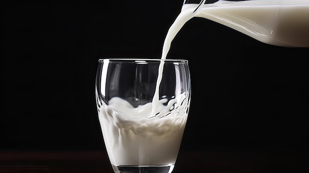 White milk being poured into a glass transparent beaker on dark background The concept of healthy and natural products Generative AI