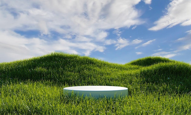 White minimal podium in green grassland with blue sky background Nature concept 3D illustration rendering