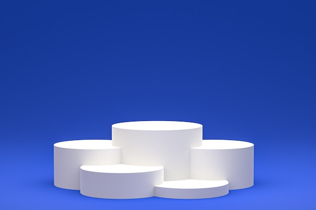 White minimal podium or pedestal display on abstract blue background for cosmetic product presentation