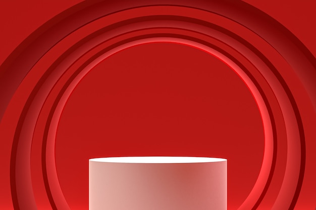 White minimal podium or pedestal display on abstract red background for cosmetic product presentation