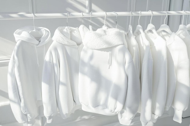 Photo white minimalist clothing displayed on a rack in a fashion store bathed in natural sunlight