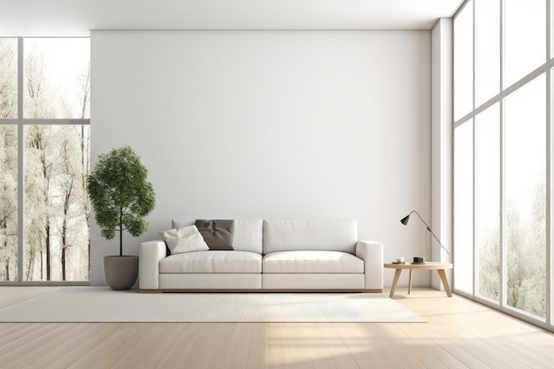 White minimalist living room interior with sofa