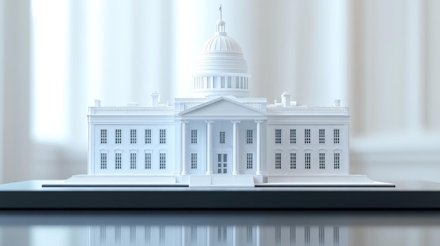 A white minimalist model of a classic government building with a dome on a dark base