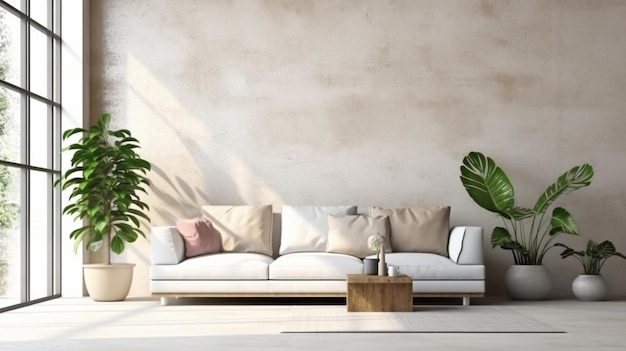 White mock wall in a loftstyle home with a sofa and other decorrendering in 3D