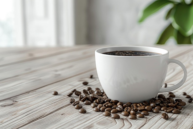 White mockup coffee cup with coffee beans on light wooden background ad 3D render