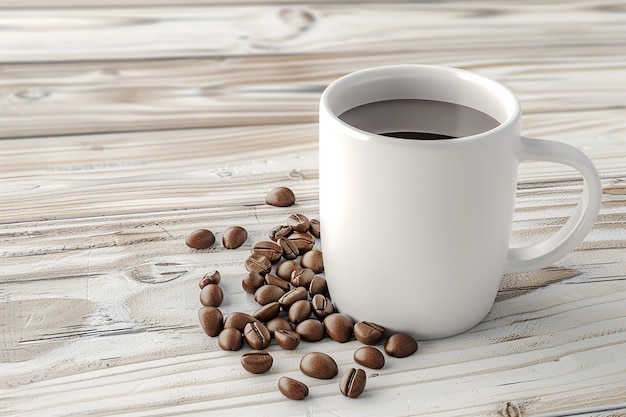 White mockup coffee cup with coffee beans on light wooden background advertising 3D render