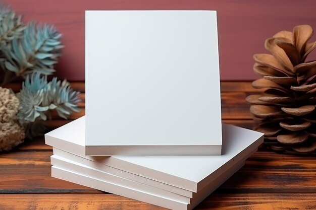 White mockup paper with copy space on wooden table near christmas tree branch and pine cones