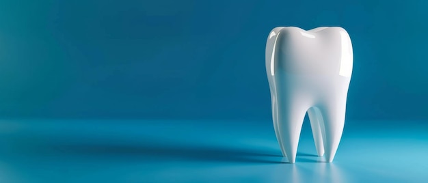 Photo a white model of a molar tooth stands alone against a smooth gradient blue background symbolizing dental health and hygiene