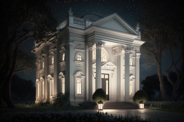 White modern beautiful building with columns exterior of a classic house at night