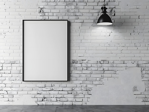 Photo white modern brick wall with a blank photo frame mockup