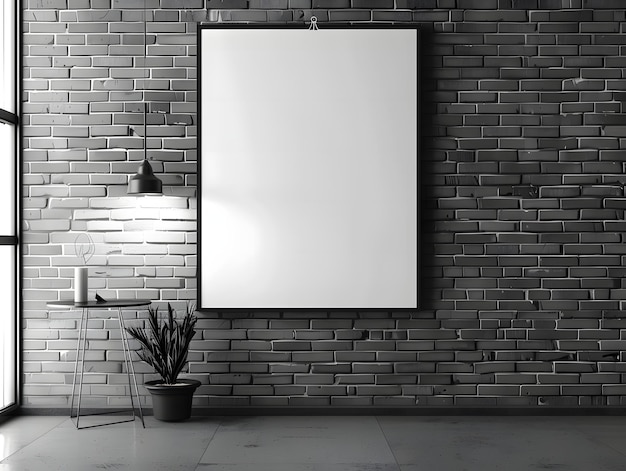 Photo white modern brick wall with a blank photo frame mockup