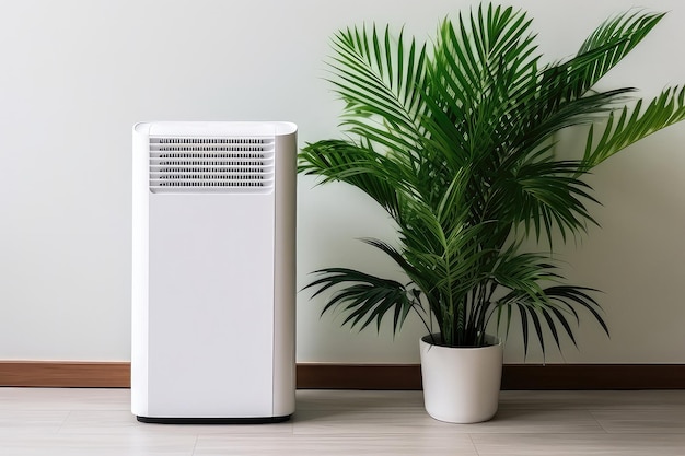 White Modern Design Air Purifier In Bedroom With Tropical Palm Tree