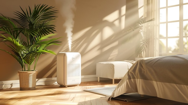 White Modern Design Air Purifier and Dehumidifier in Bedroom with Sleek Style