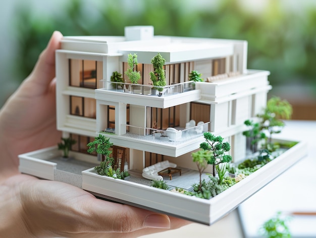 Photo white modern house model with balcony in hand