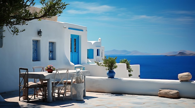 White modern house with concrete entrance on sea view background