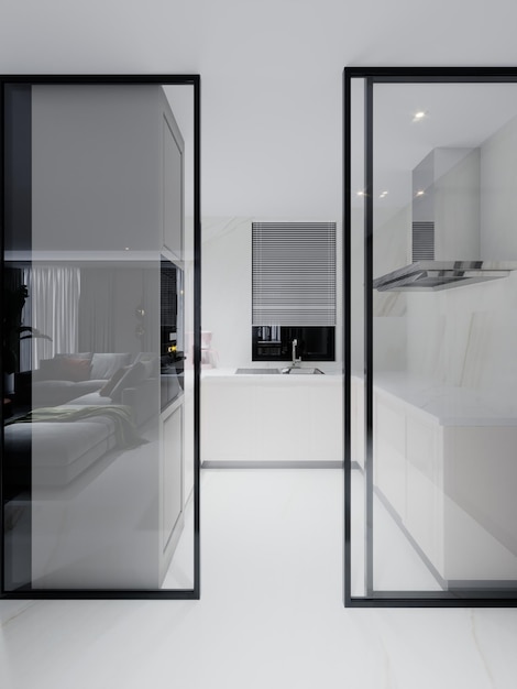 White modern kitchen behind a glass door in a contemporary style