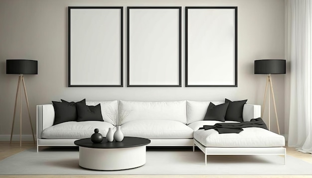 White modern living room with mock up framesofa and decoration Generative AI