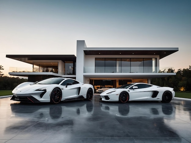 A white modern Mansion with a big Garage with expensive cars