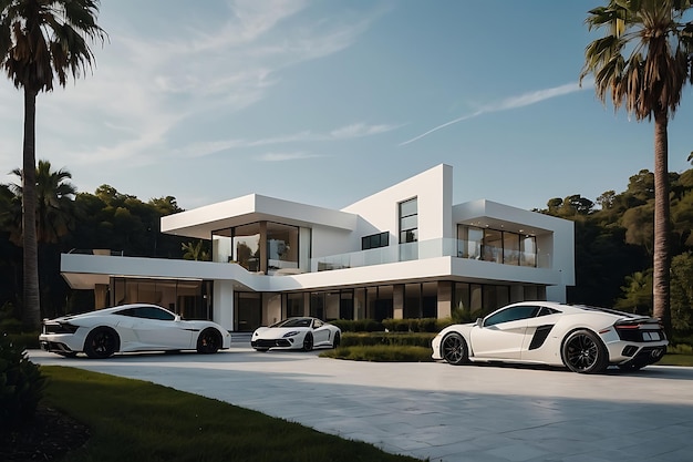 A white modern Mansion with a big Garage with expensive cars