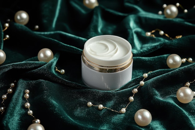 Photo white moisturizer jar on luxurious green fabric with scattered pearls