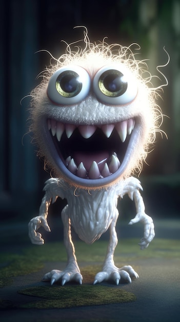 A white monster with big eyes and big green eyes is standing on a dark background.