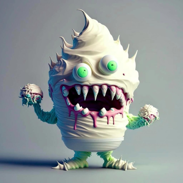 A white monster with green eyes and green eyes is holding a white cream monster.