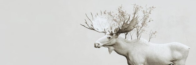 Photo a white moose stands against a light background with branches growing out of its antlers this