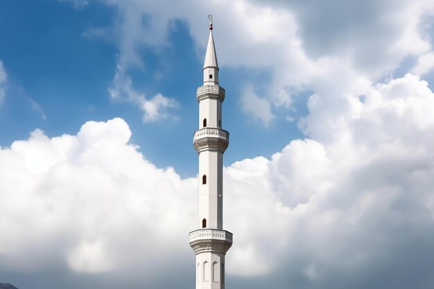 White mosque minaret Mosque minaret with cloudy sky in background