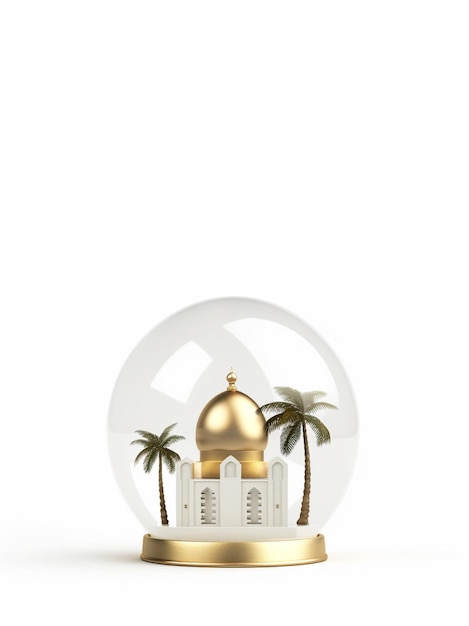 white mosque and palm trees inside a clear glass crystal ball